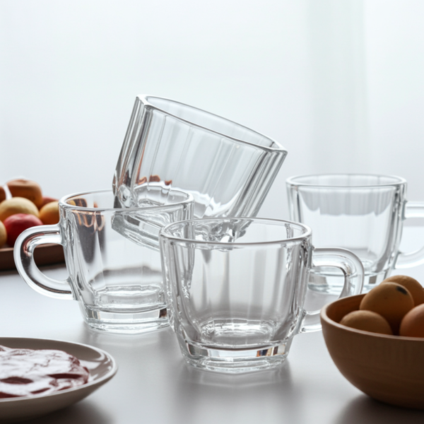 Set of 4 Vintage Walther Glas Tea Cups – 1970s West Germany – Hexagonal Crystal Design