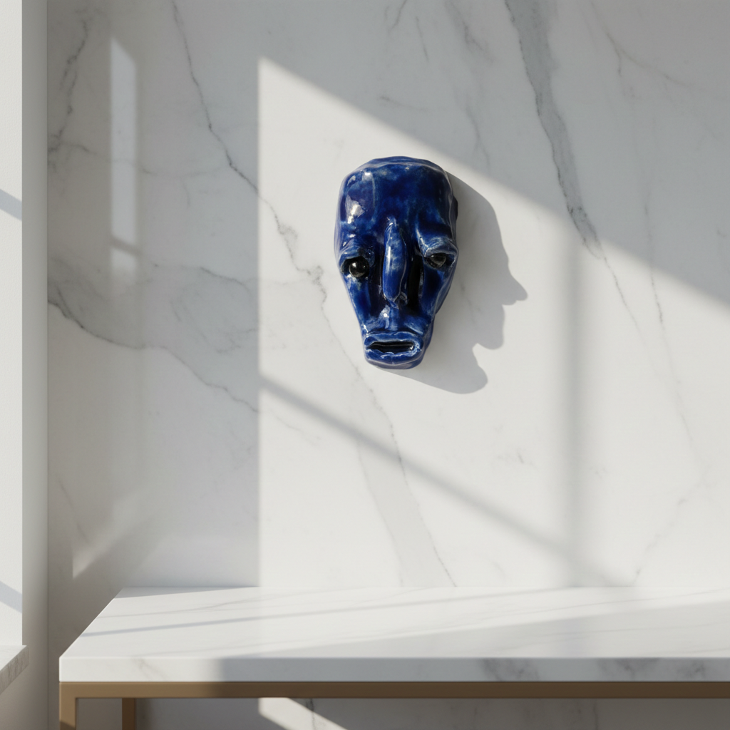 Handcrafted mid-century modern ceramic mask with sculptural design, perfect as a timeless wall decor piece