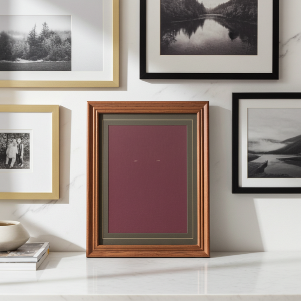 Vintage Wooden Picture Frame with Dark Red/Purple Insert & Leather Back