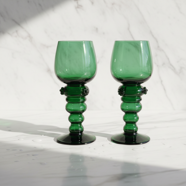 Set of 2 Antique German Green Roemer Wine Goblets – Etched Grape Glasses | TheyUnique