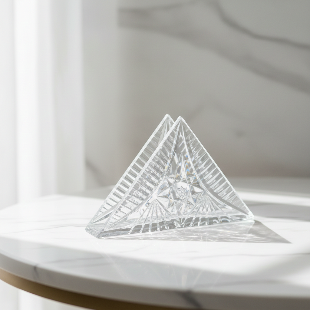 1970s Elegant Clear Crystal Napkin Holder – Triangle Shape with Pinwheel Star Design**