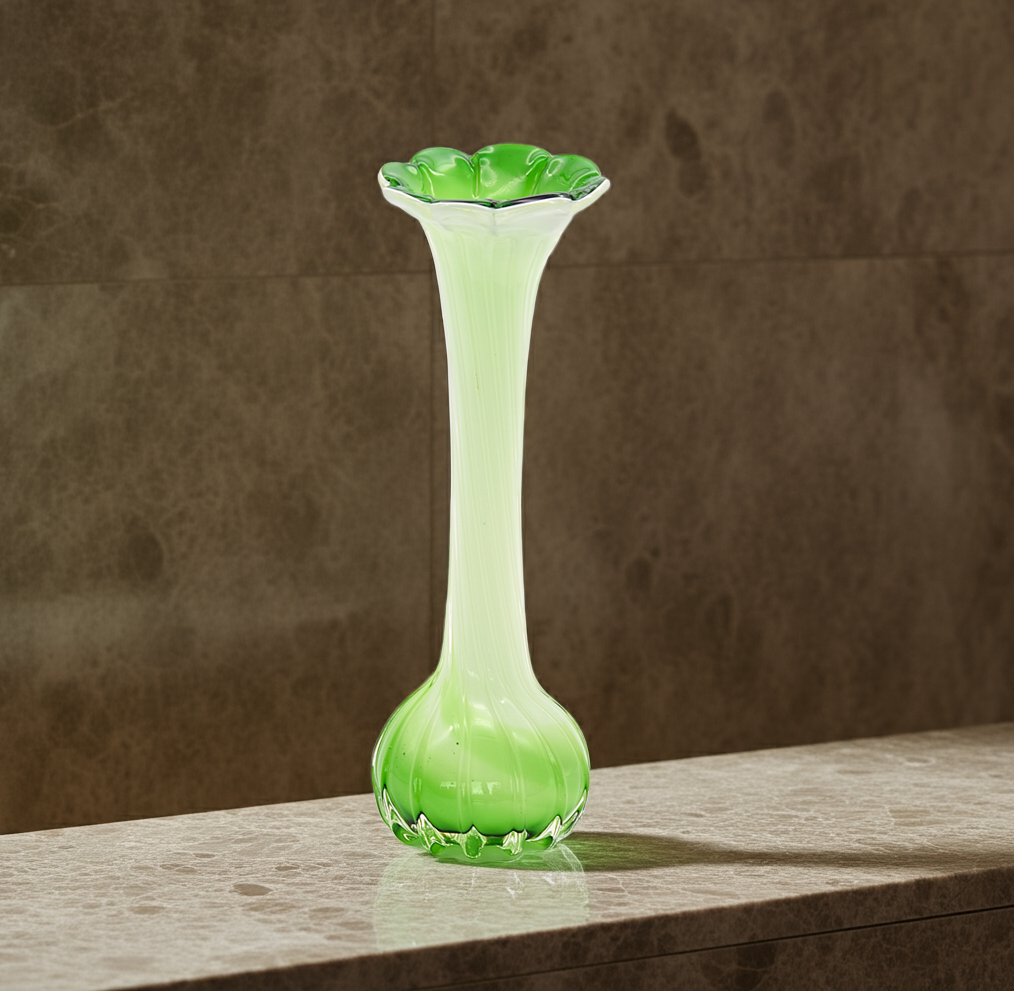 Green Mid Century Modern "Lusaka" Glass Vase with Sculpted Flower Top