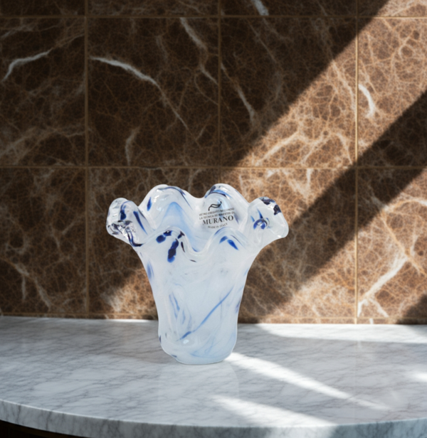 Murano Vetro Eseguito Hand-Blown Glass Vase – Blue & White Italian Art Glass