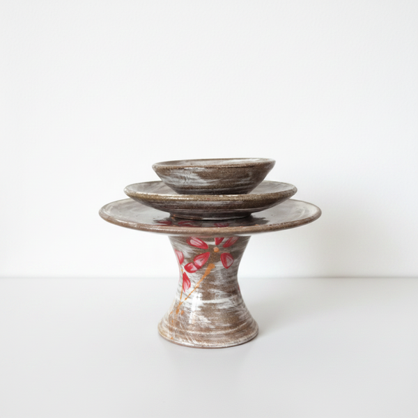 Handmade Floral Pottery Set – Hand-Painted Stoneware Pedestal Vase, Plate & Tea Bowl | TheyUnique