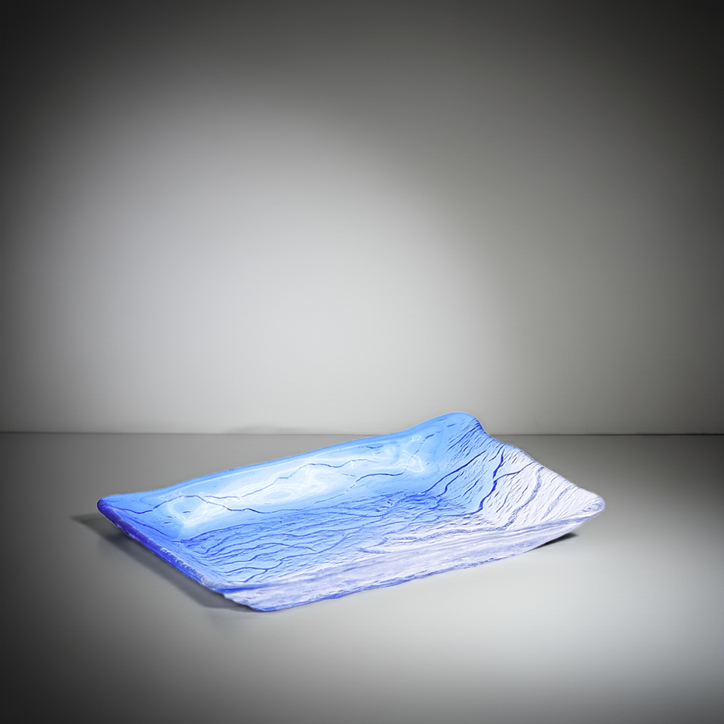 Vintage Ocean Blue Textured Glass Serving Plate – Coastal Mid Century Modern Charm