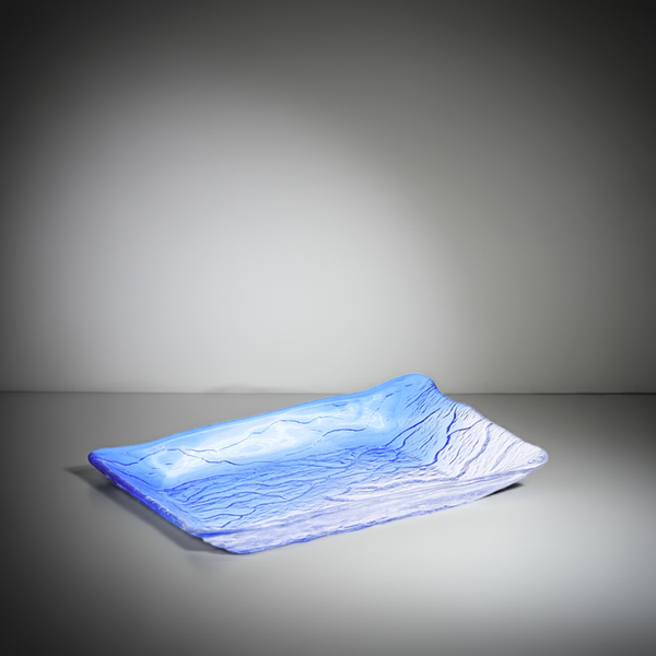 Vintage Ocean Blue Textured Glass Serving Plate – Coastal Mid Century Modern Charm