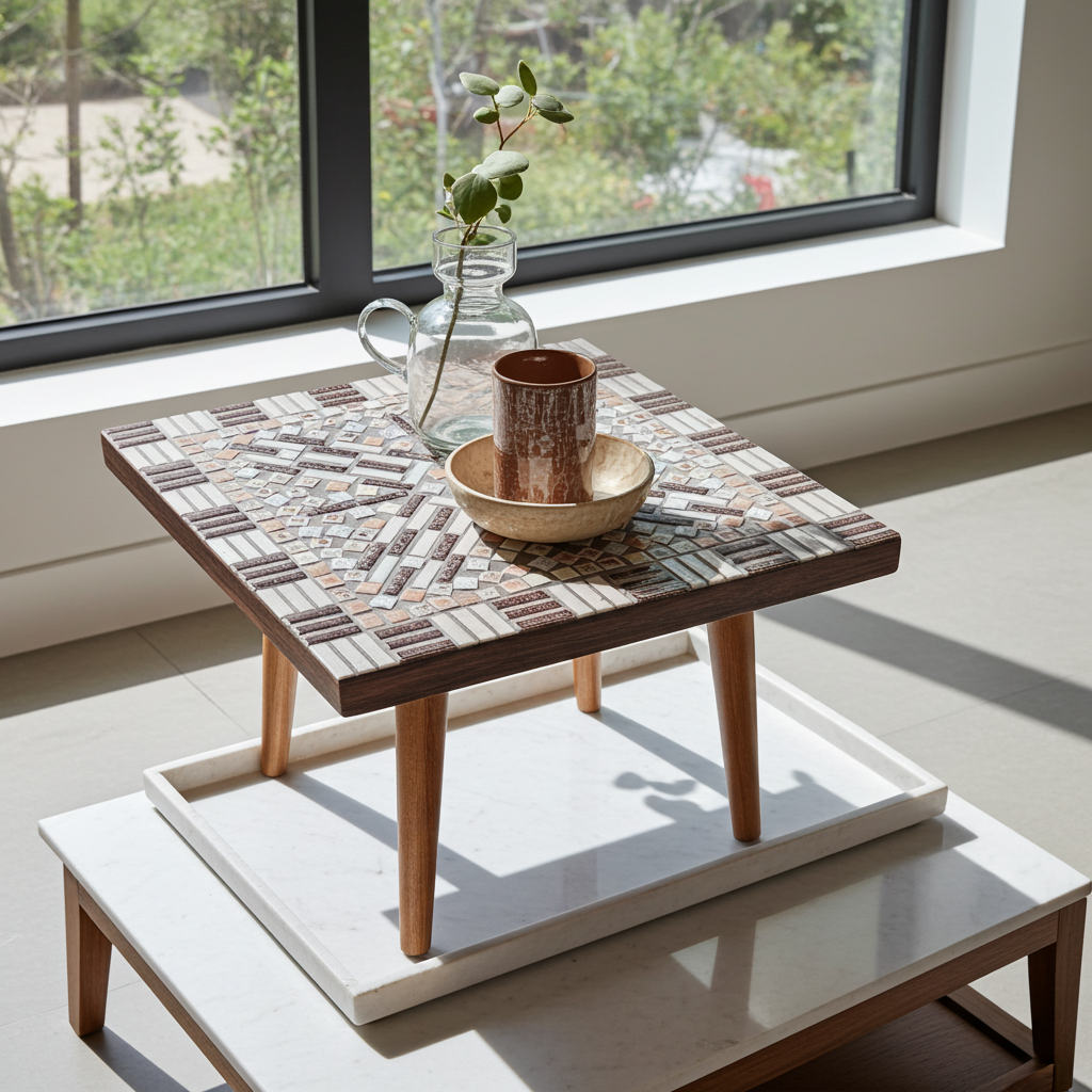 Mid-Century Modern Mosaic Side Table with Ceramic Tile Top & Wooden Legs – TheyUnique