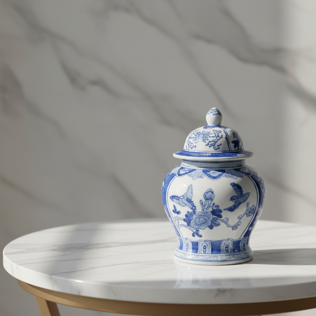 Vintage Ming Style Temple Jar – Blue and White Porcelain with Birds & Flowers