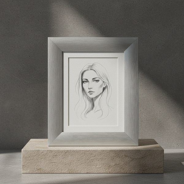 Vintage Brushed Aluminum Photo Frame with White Passe-Partout – Minimalist Silver Design | They Unique