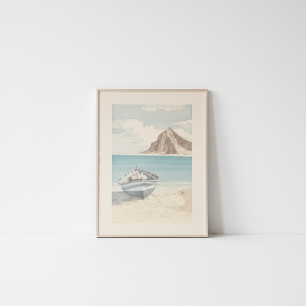 Mid Century Modern A. Guardieli Signed Art Print – Ocean Boat & Mountain, Framed