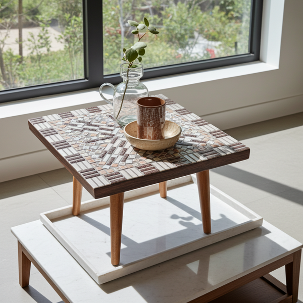 Mid-Century Modern Mosaic Side Table with Ceramic Tile Top & Wooden Legs – TheyUnique