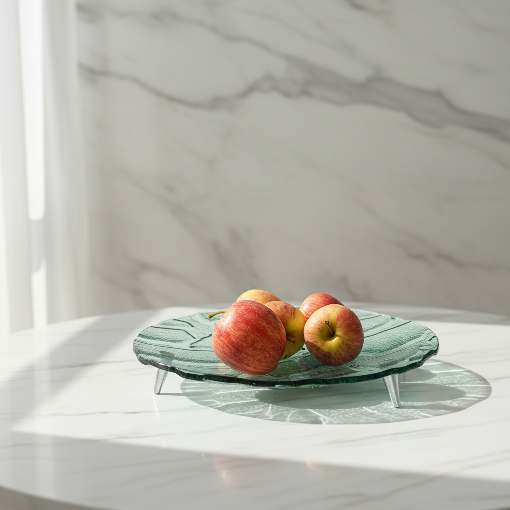 Vintage Mid Century Modern Green Textured Glass Platter on Metal Feet – Design Serving Tray
