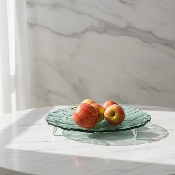 Vintage Mid Century Modern Green Textured Glass Platter on Metal Feet – Design Serving Tray