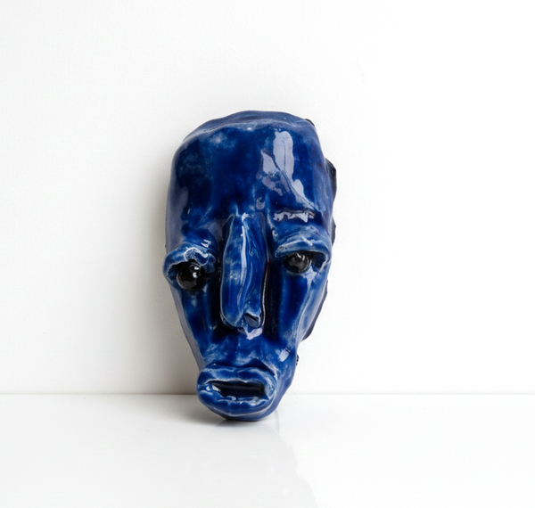 Vintage Artistic Blue Ceramic Face Mask with Glass Eyes – One of a Kind Wall Art | TheyUnique