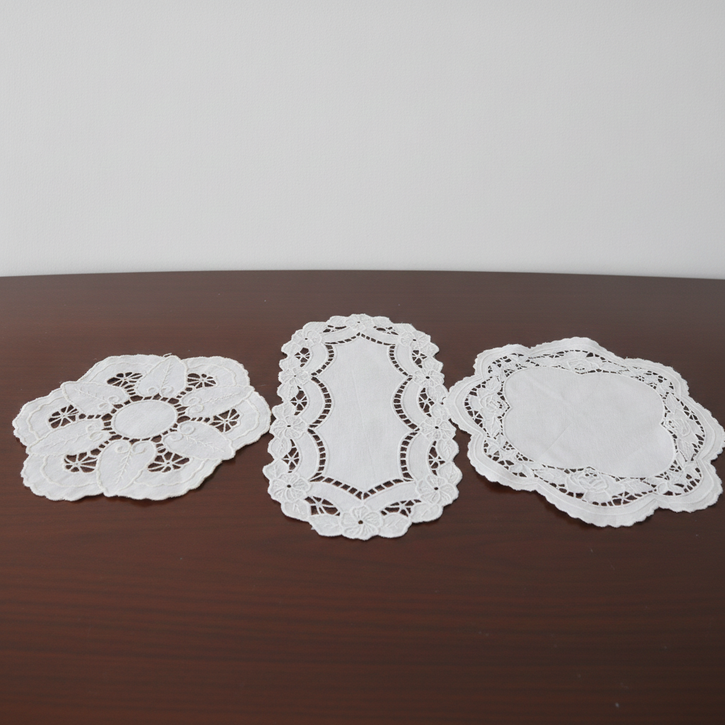 Set of 3 Handmade White Lace Placemats & Embroidered Doilies – Oval & Round