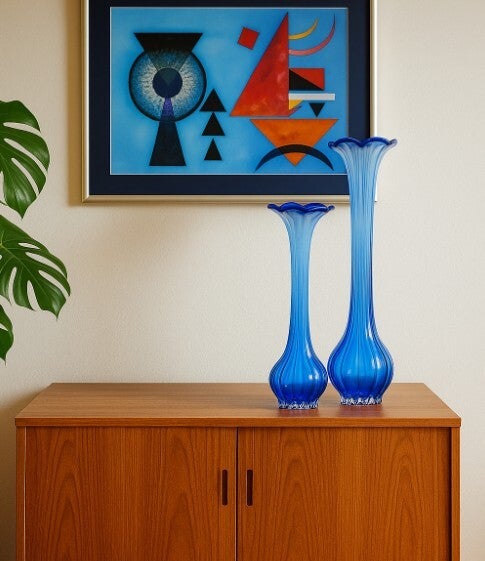 Mid Century Modern "Lusaka" Blue & White Art Glass Long Vase with Sculpted Flower Top