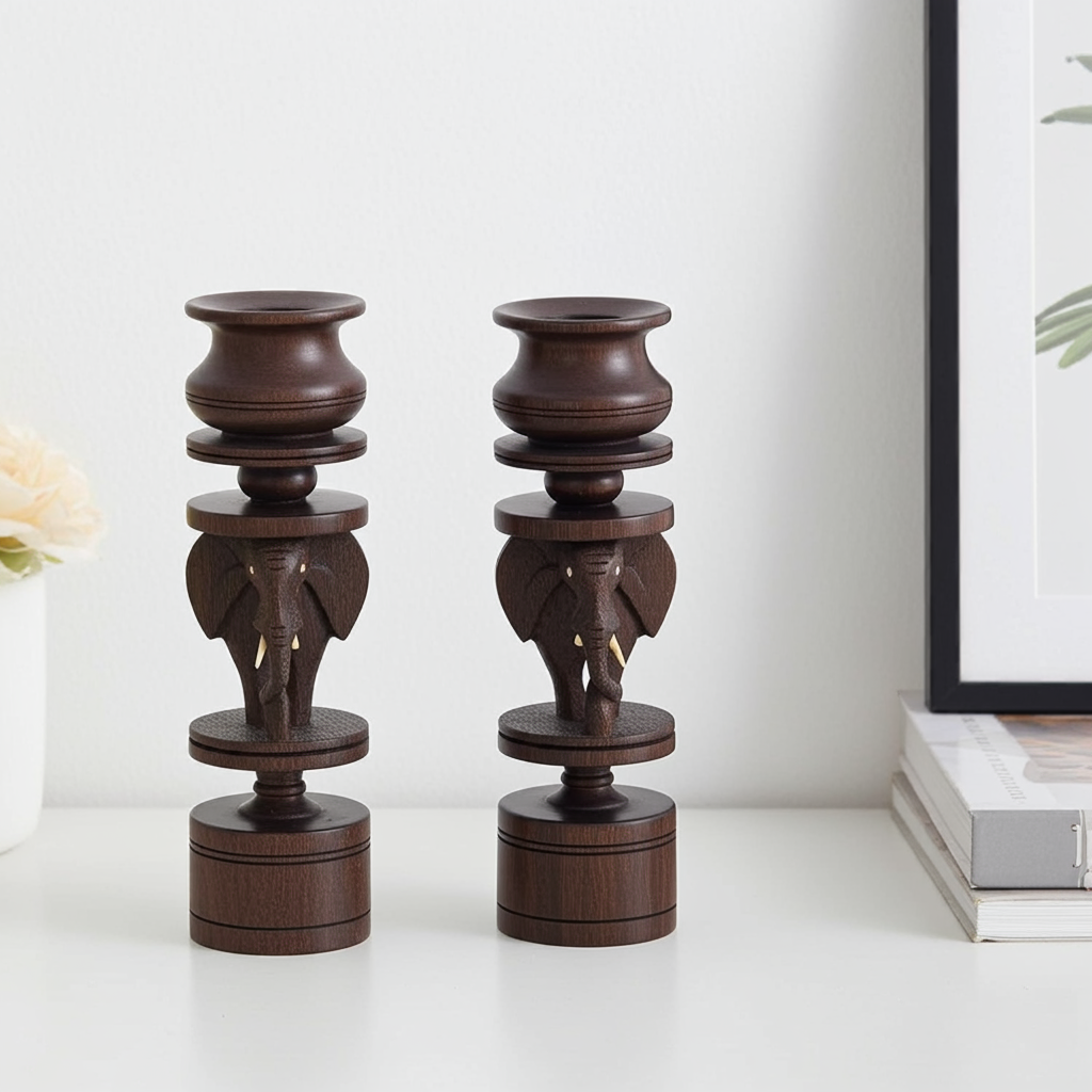 Set of 2 African Ebony Elephant Candlesticks – Hand-Carved Tribal Art