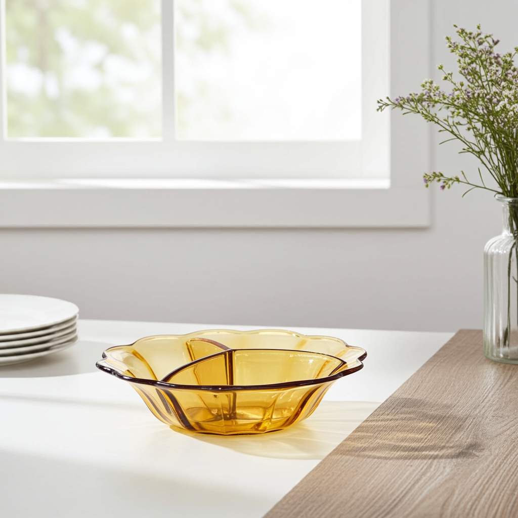 Vintage Amber Split Serving Dish – 3-Section Glass Bowl – 1970s Elegant Tableware