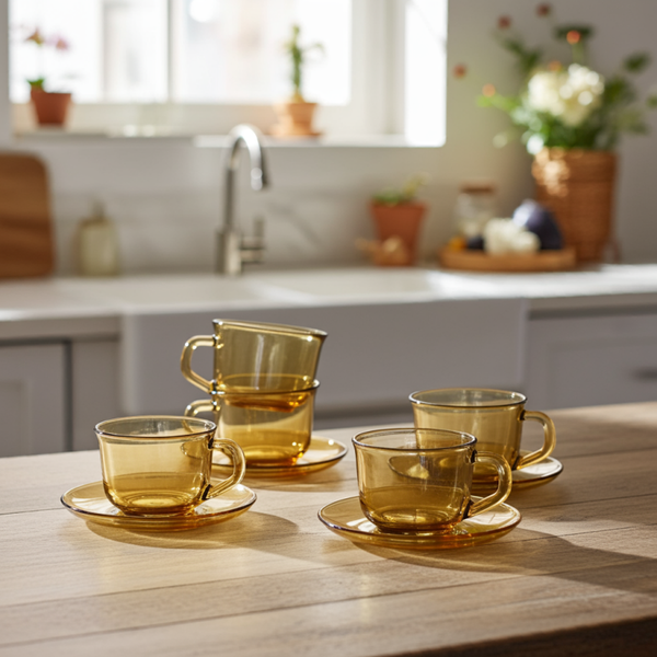 Vintage Arcoroc France Smoked Glass Set – 3 Cups and Plates – Elegant Vintage Tableware