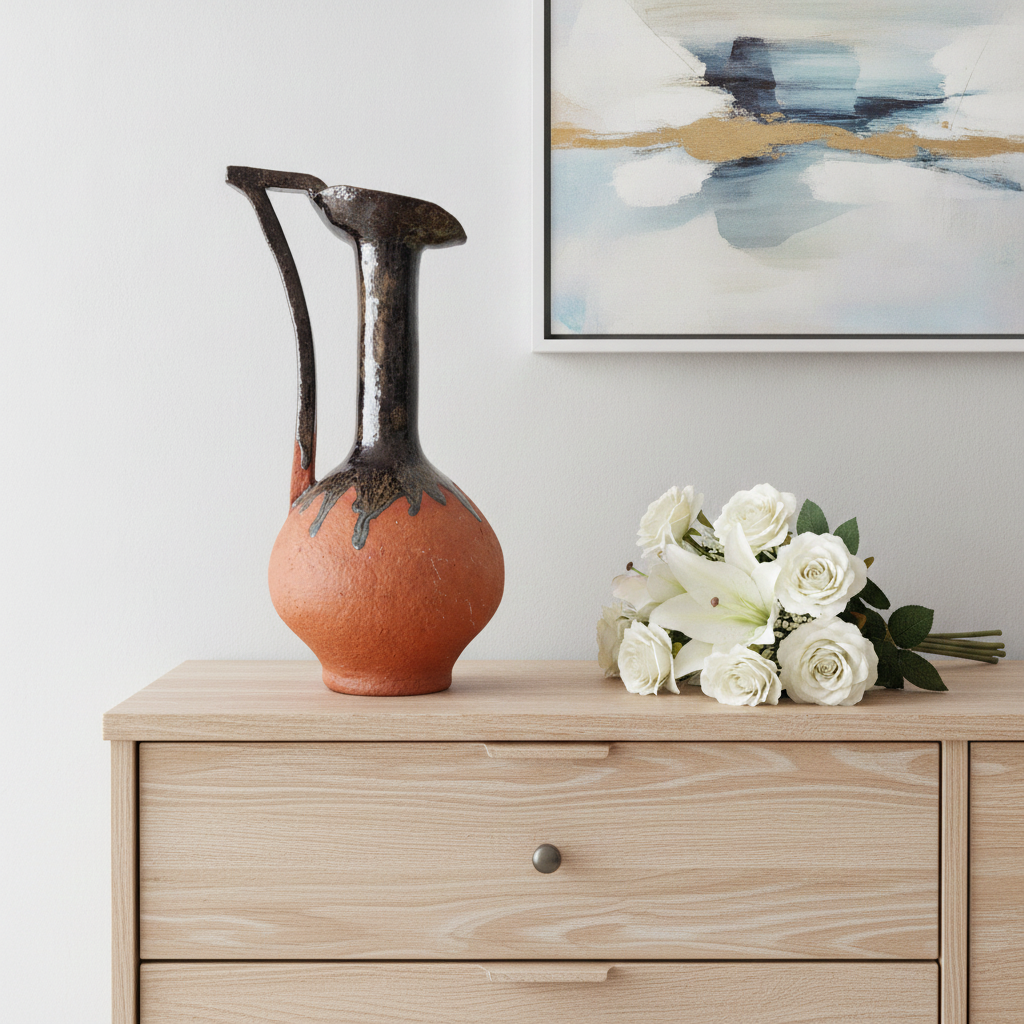 Vintage Ceramic Pitcher Vase – Terracotta Base with Dark Metallic Drip Glaze