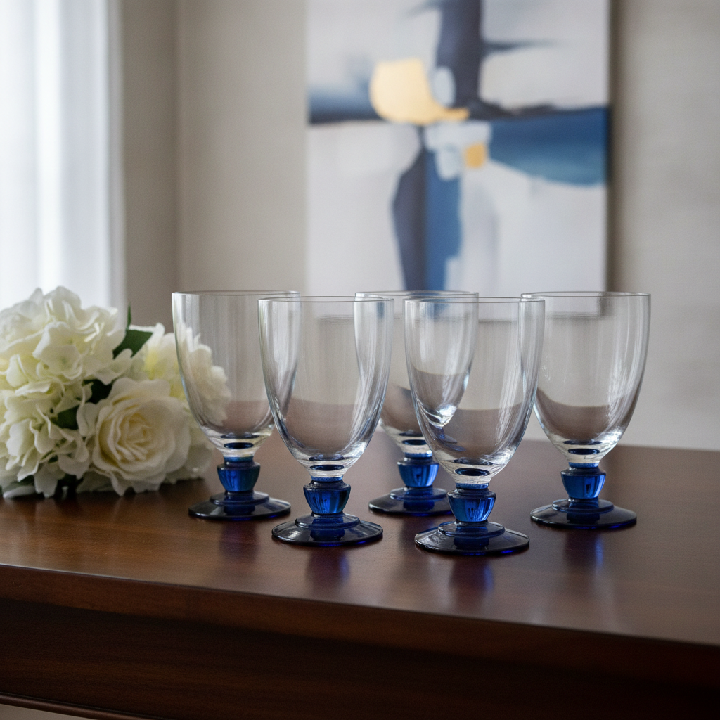 Set of 6 Vintage Luigi Bormioli Style Crystal Glasses – Cobalt Blue Stems & Bases, Florian Bleu / Canova Design