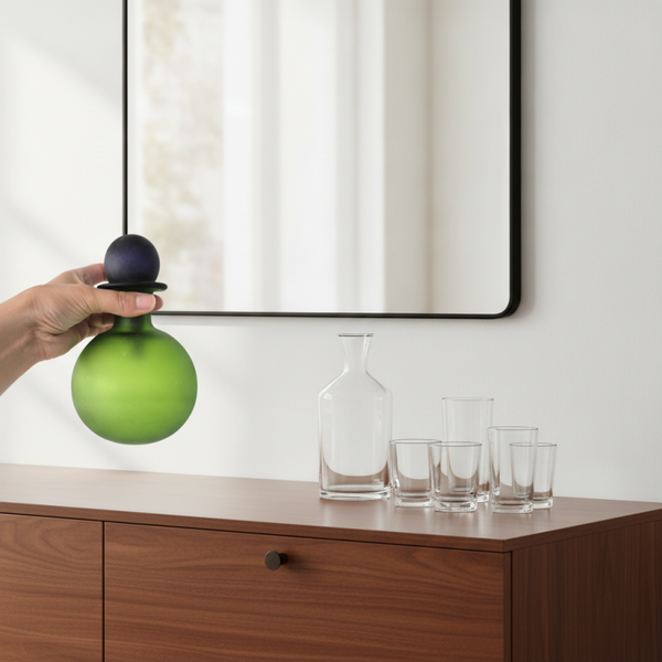Vintage Murano Green Satin Glass Decanter – Dark Spherical Stopper, Mid-Century Italian Design