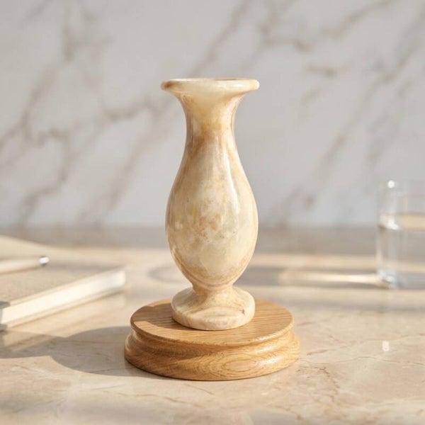 Vintage Hand-Carved Onyx or Alabaster Marble Vase – Natural Beige Stone with Brown Veining