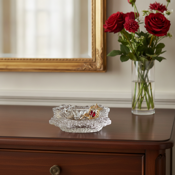 Vintage Pressed Crystal Square Ashtray – Sawtooth Rim & Starburst Centre