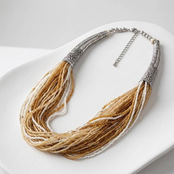 Vintage Tribal Statement Necklace – Multi-Strand Rocaille Beads & Caramel-Gold Stamped Metal, Boho Jewellery