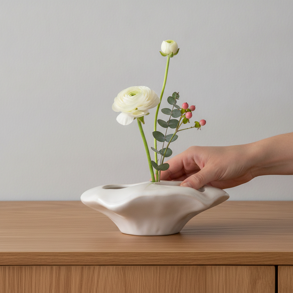 Vintage White Ceramic Lotus Vase – Sculptural Floral Arrangement Holder