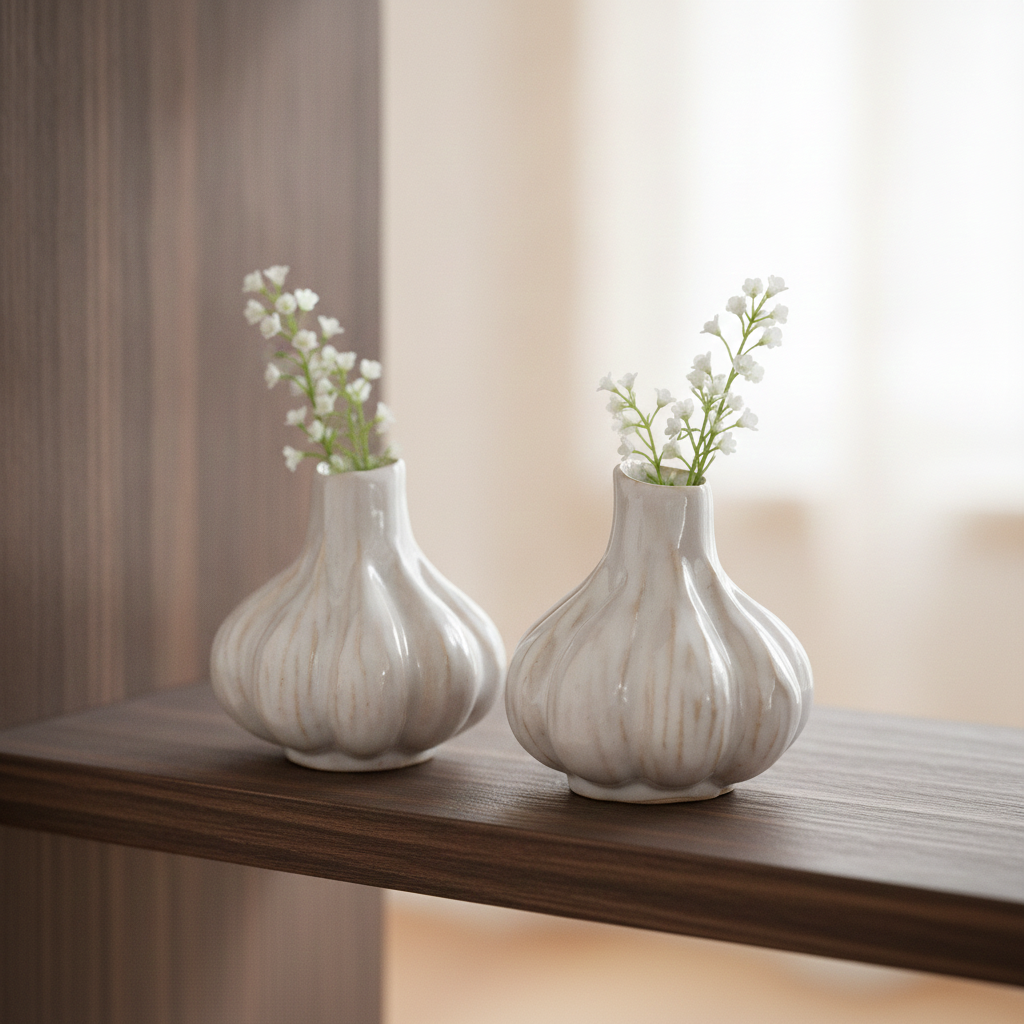 Set of 2 DES POTS Garlic-Shaped Ceramic Mini Vases – White Glazed Ceramic