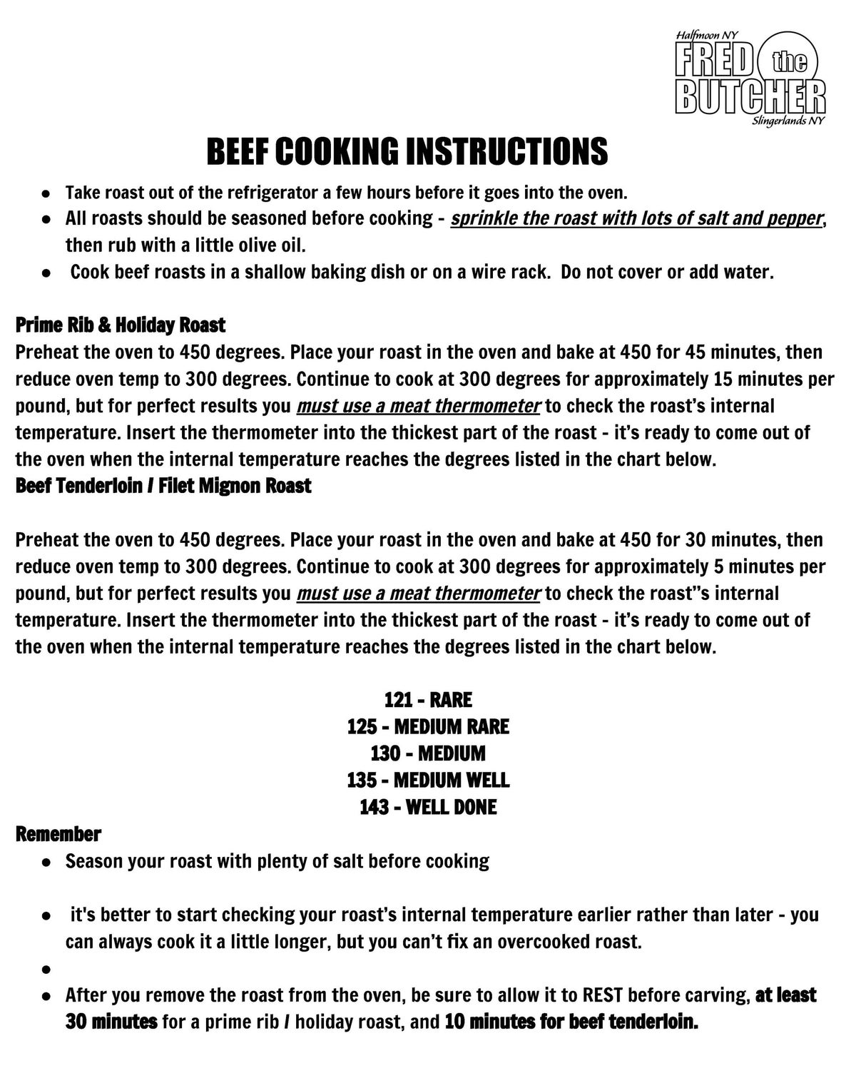 COOKING INSTRUCTIONS | Fred The Butcher