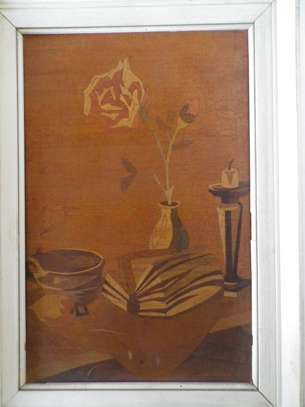 Maqueterie stilleven, schilderij ingelegd met verschillende soorten hout