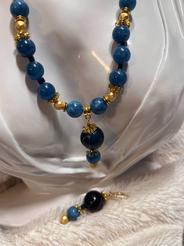 Dark Blue Teal and Gold Chain Necklace Set: 202311atg04 w80n22p2b7-8.5e2