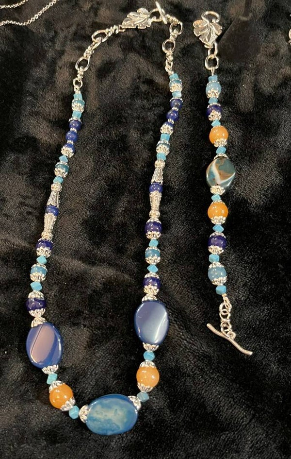 Oval Teal Blue Agate Necklace Set: 202311bn05 w105n22-25.5b8-10e1.5