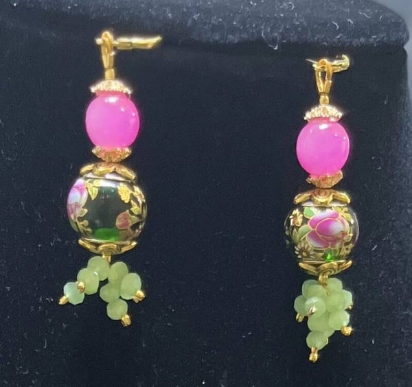 Fuchsia and Green Agate Oriental Bracelet and Earrings Set: 202311pfc01 w75b7e2.5