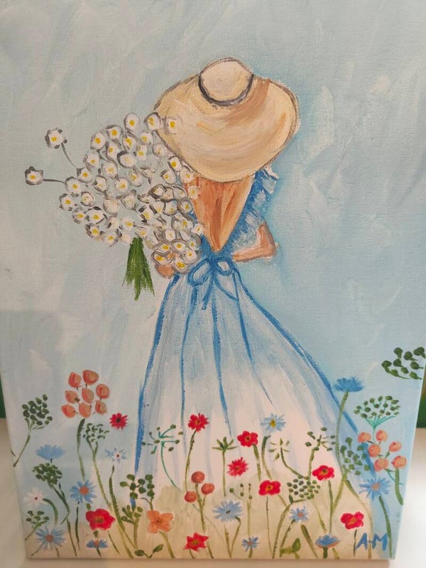 Blue dress and hat.