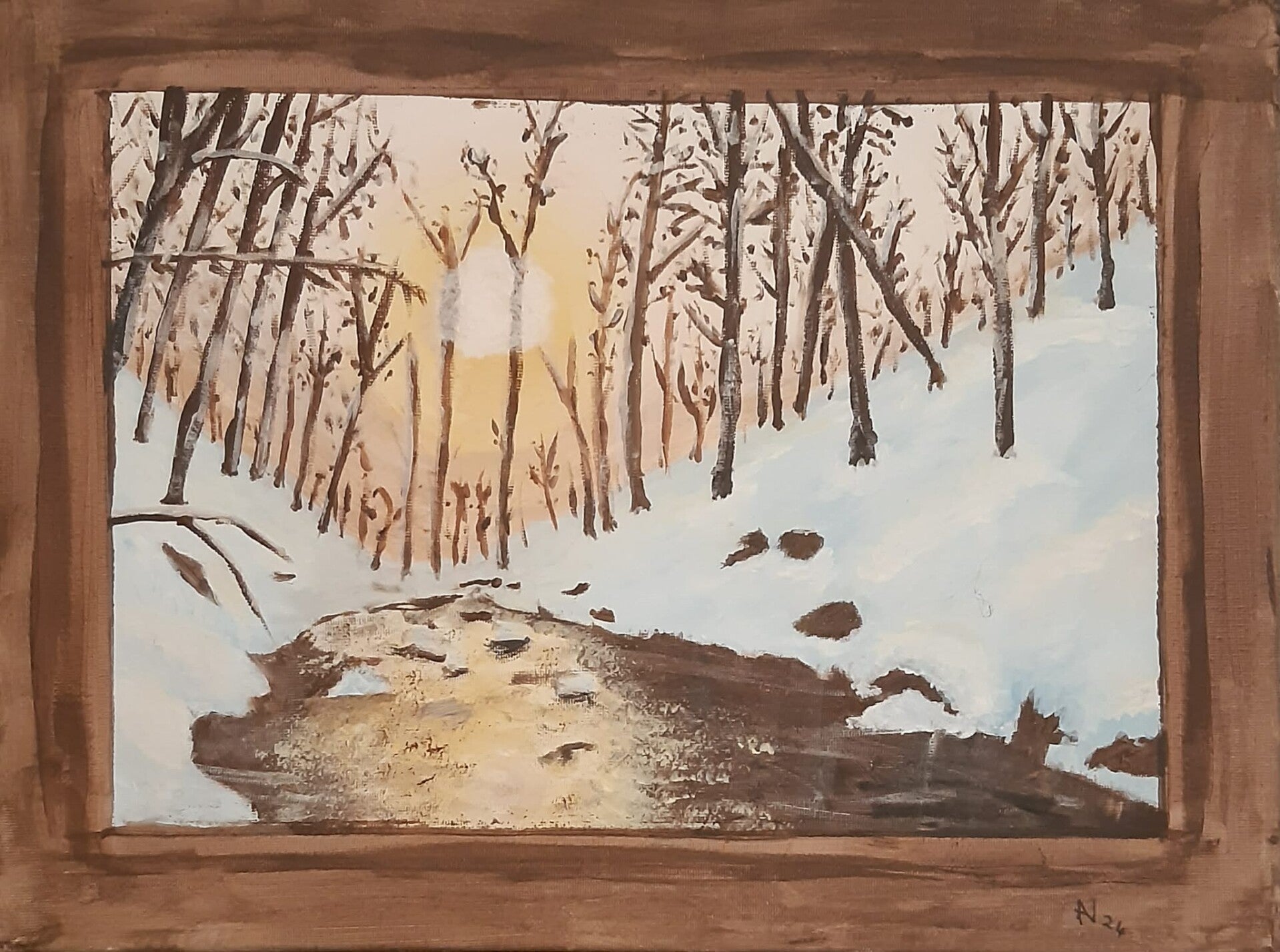Winter forest with frame painted on canvas.