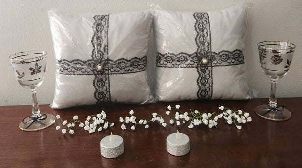 Grey/Black laced pillows with 2 glasses/candle holders