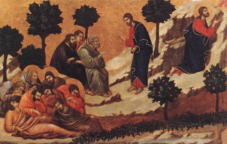 Stories of the Passion Scene 6: Agony in the Garden, (1309) Duccio di Buoninsegna. Tempera on wood, 51cm  x 76 cm. Museo dell'Opera del Duomo, Siena. Italy. History of Landscape Paintings in the West by Art Historian Wouter Maas for Gallery Sorelle Sciaro