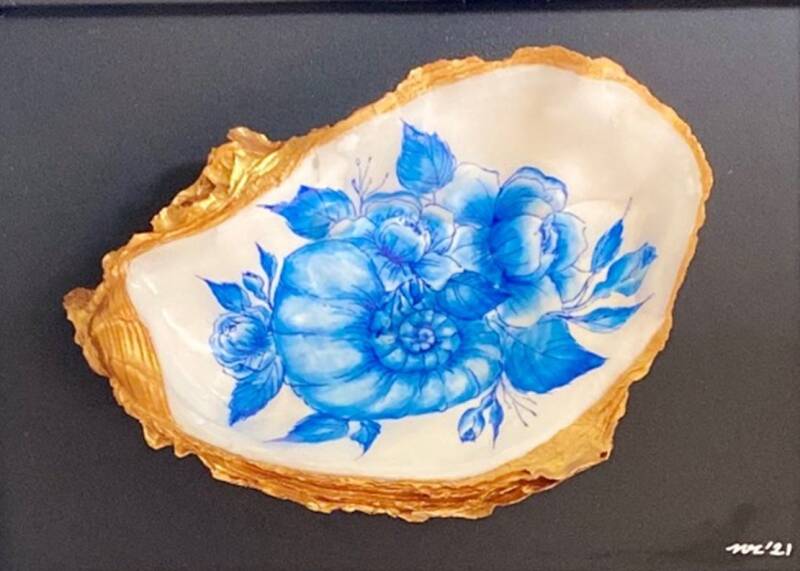 Close up "Flowered Nautilus' (20121). Negar Rashidi. Acrylic on Oyster shells. 13cm x 18cm (with frame 33cm x38cm)