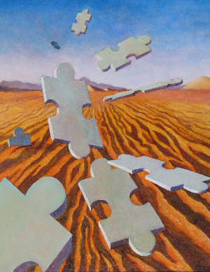 Puzzle pieces Surreal Oil Painting by Denise van der Burgh