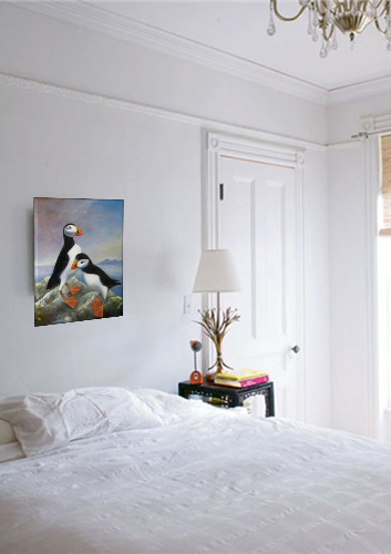 Puffins an oil painting by Denise van der Burgh in a room
