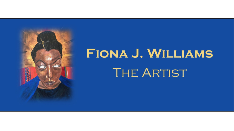 Interview Banner: Fiona J. Williams. The Artist written in yellow on royal blue. To the left, a detail of a self portrait by Fiona J. Williams