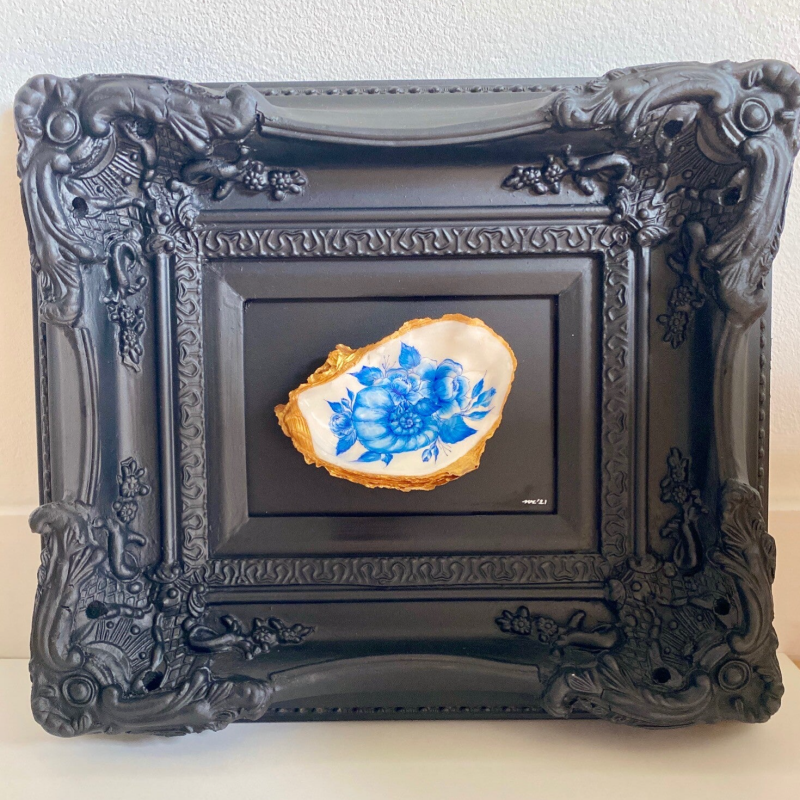 "Flowered Nautilus' (20121). Negar Rashidi. Acrylic on Oyster shells. 13cm x 18cm (with frame 33cm x38cm)