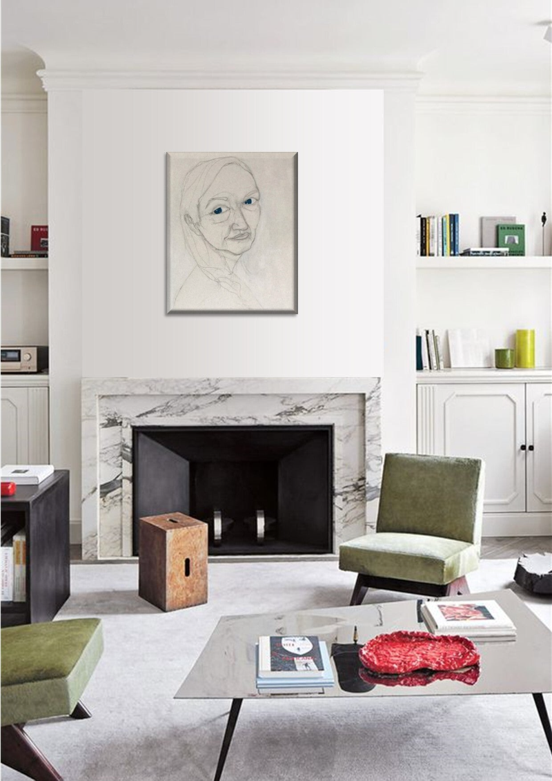 "Meet my Gaze" by artist Fiona J. Williams set up in a cosy Modern living room above the marble fireplace.