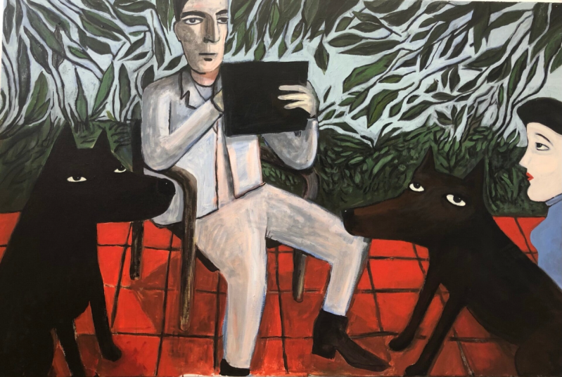 Hondenbaas by Thea van Doorn is 100cm x 140cm, bring the outside inside. Especially in houses built around 1900 here in The Netherlands, where outside space is minimal, but interior walls tower sometimes 4 meters high.