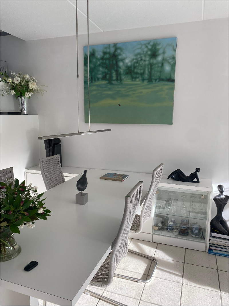 Anthologima 4 by Marko Klomp subtle blues, greys and greens bringing soft colour to the monochromatic Modern dining room.