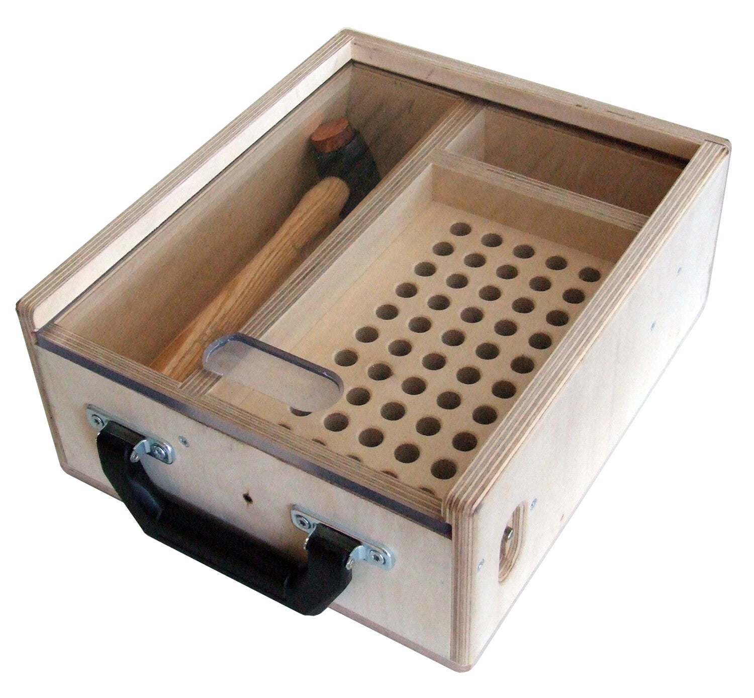 Kistje voor 50 trusspennen, veren en hamer. Inclusief hamer (Prijs op aanvraag)