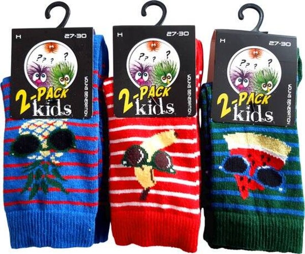 Breitex Kindersokken met Fruitdesign - 6 paar – Maat 27-30 – Kleurrijke Stripes – Ananas, Banaan & Watermeloen